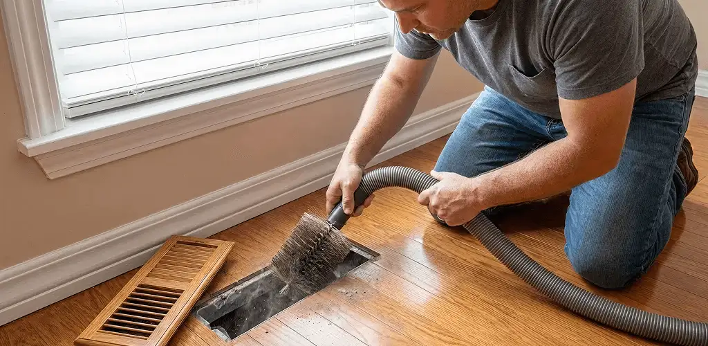 Air duct cleaning technician vacuuming a floor vent and duct opening in Cape Coral, FL