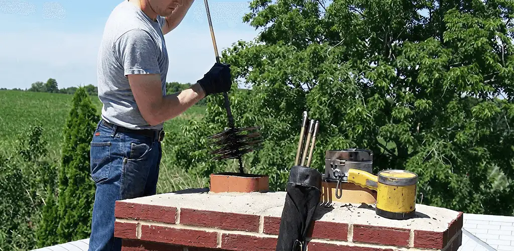 Chimney cleaning technician working on a rooftop chimney with professional tools in Cape Coral, FL