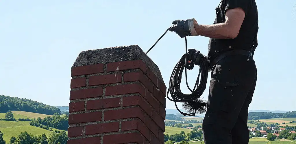 Chimney sweep inspecting and cleaning a rooftop chimney in Cape Coral, FL