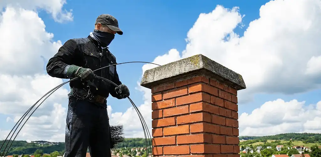 Chimney sweep cleaning a brick chimney with professional tools in Cape Coral, FL