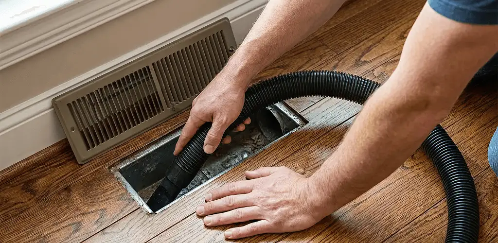 Air duct cleaning technician vacuuming a floor register and duct opening in Cape Coral, FL