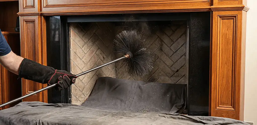 Chimney cleaning service brushing soot from a fireplace and flue in Cape Coral, FL