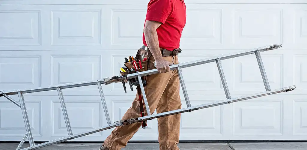 Garage door repair technician arriving with tools and ladder in Cape Coral, FL