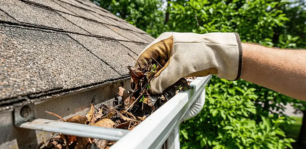 Gutter cleaning removing leaves and debris from roof gutters in Cape Coral, FL