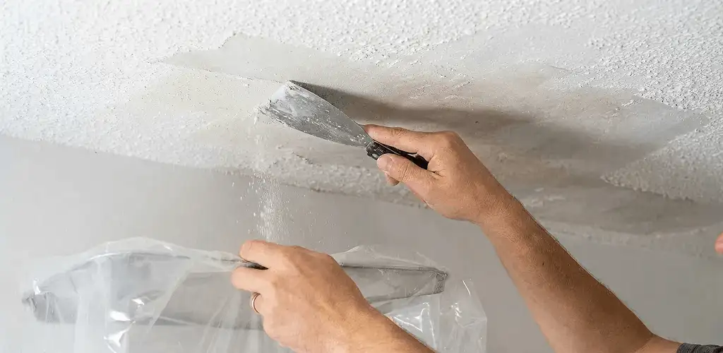 Popcorn ceiling removal technician scraping texture from a ceiling in Cape Coral, FL