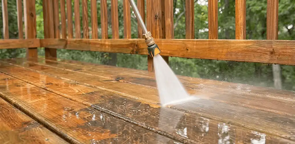 Pressure washing a wood deck to remove dirt and buildup in Cape Coral, FL