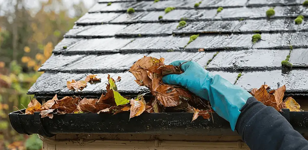 Gutter cleaning technician clearing wet leaves from roof gutters in Cape Coral, FL