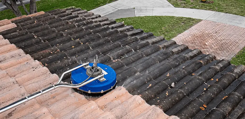 Roof pressure cleaning removing debris and buildup from roof tiles in Cape Coral, FL