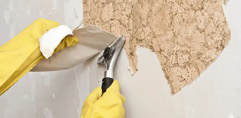 Wallpaper removal service stripping old wallpaper from a wall in Cape Coral, FL