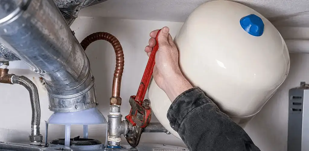Water heater repair technician tightening plumbing connections near a tank unit in Cape Coral, FL